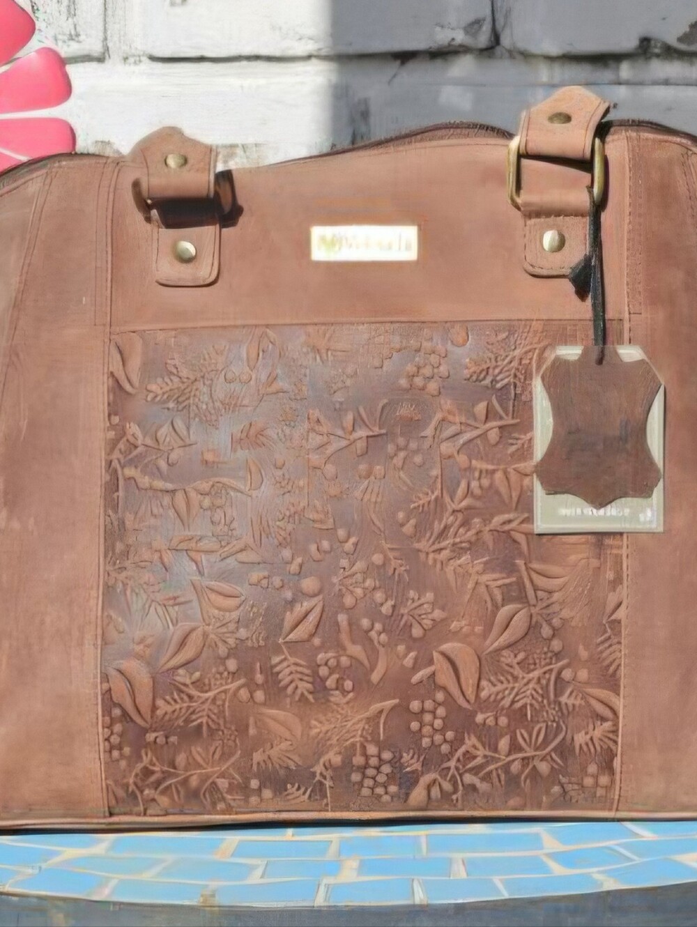 Valenchi Brown Leather Floral Embossed Shoulder Tote Bag. NWT, but flaws